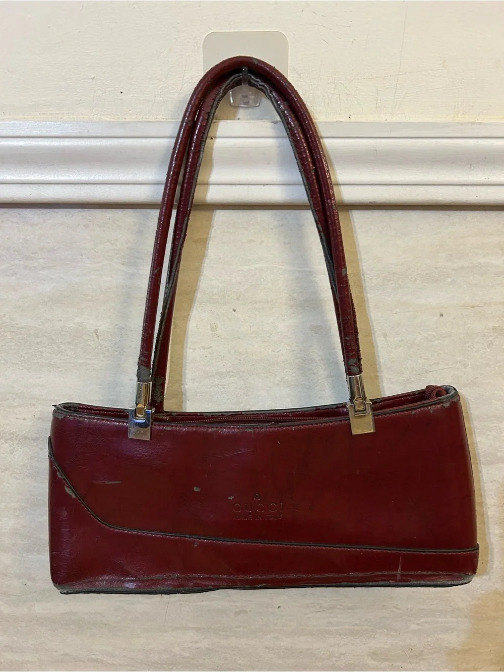 Vintage Designer Inspired Slim Burgundy Leather Shoulder Bag with Double Handles